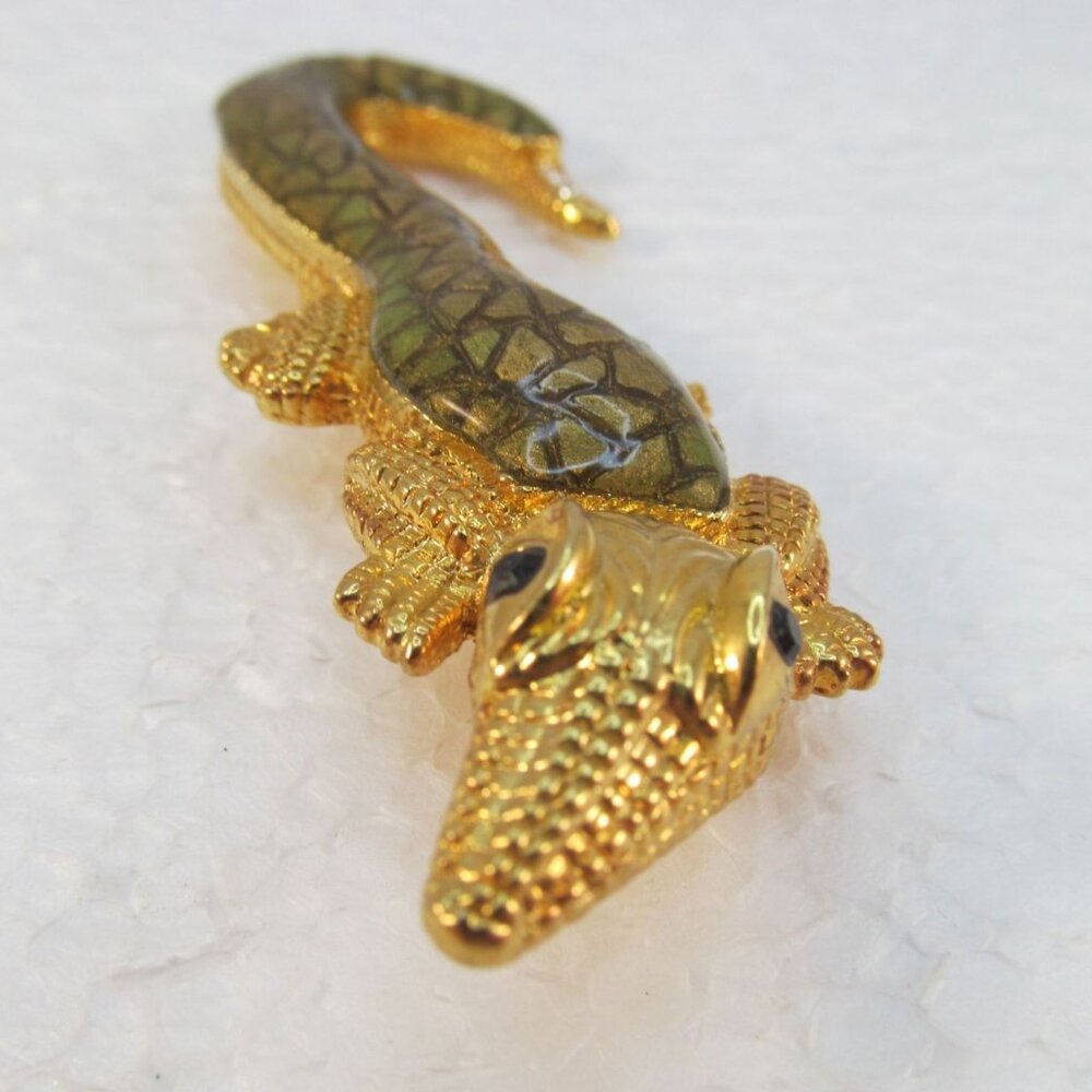 Gold Toned Alligator Brooch with Green Enamel Detailing